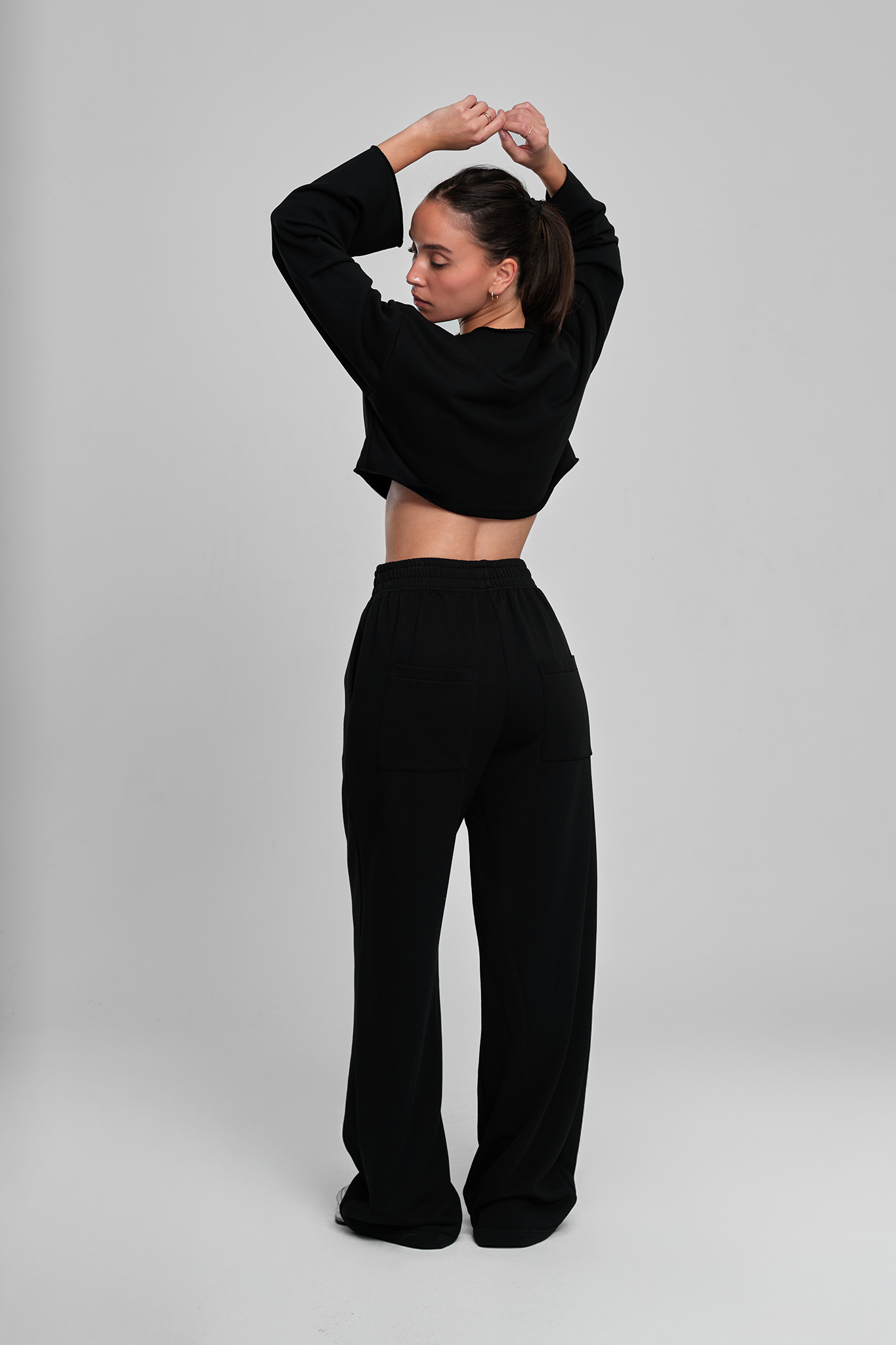 COTTON Crop Majica + Široke COTTON Pantalone, MIDNIGHT BLACK