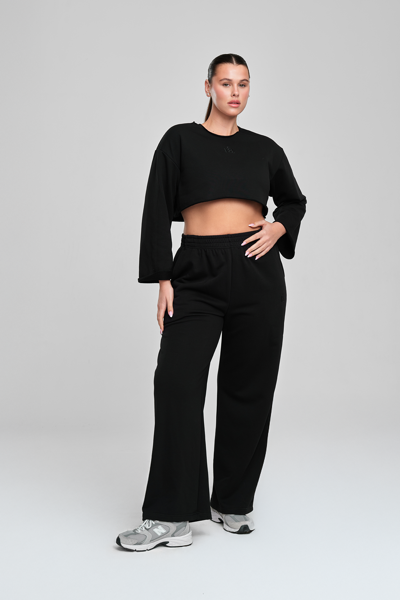 COTTON Crop Majica + Široke COTTON Pantalone, MIDNIGHT BLACK