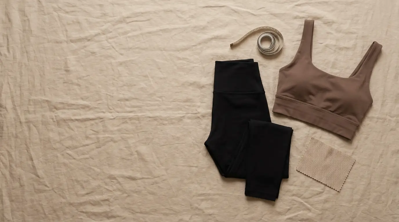 Premium helanke visokog struka, crop top u mocha boji, krojački metar i swatch materijala na bež linenu, Raven Sport vodič za izbor helanki