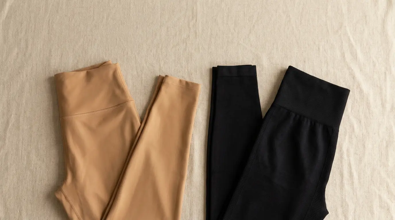 Dva para premium helanki visokog struka jedan pored drugog, brazilski materijal vs tehnički seamless, vizuelno poređenje Raven Sport i Gymshark