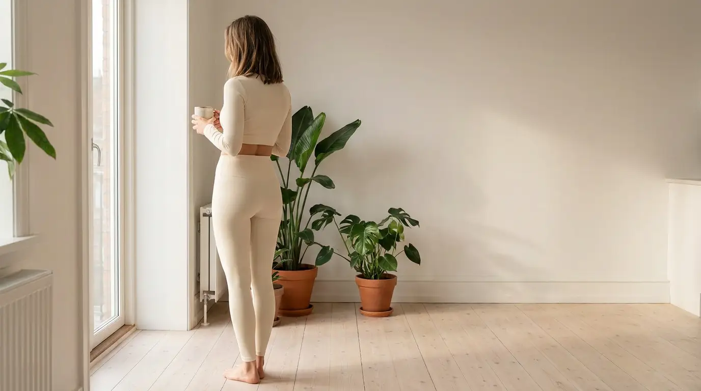 Žena u krem helankama visokog struka i dugim sportskim topom u minimalističkom enterijeru sa šoljom kafe, premium lifestyle activewear poređenje