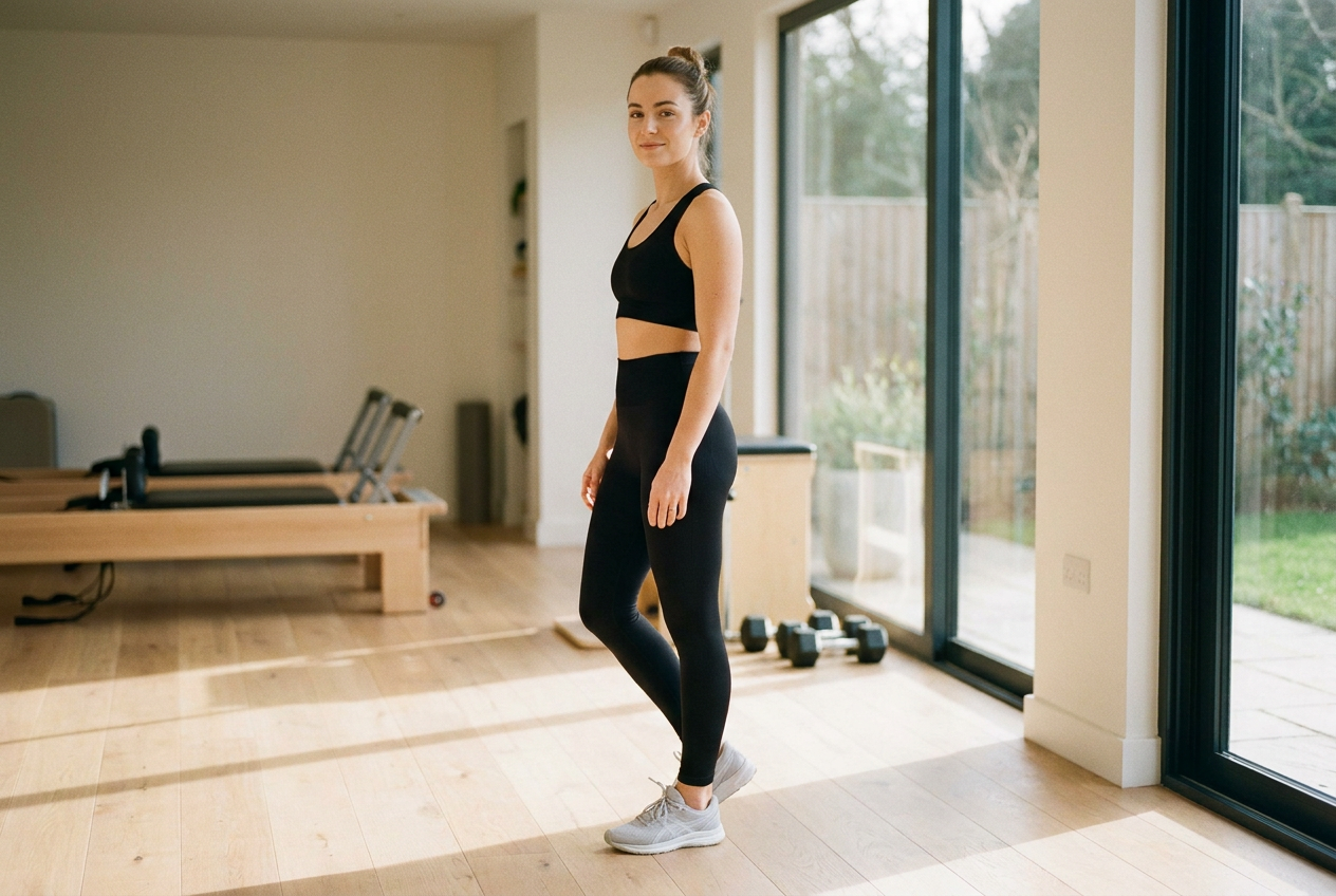 Žena u potpunom outfitu za teretanu, helanke visokog struka i sportski top Raven Sport