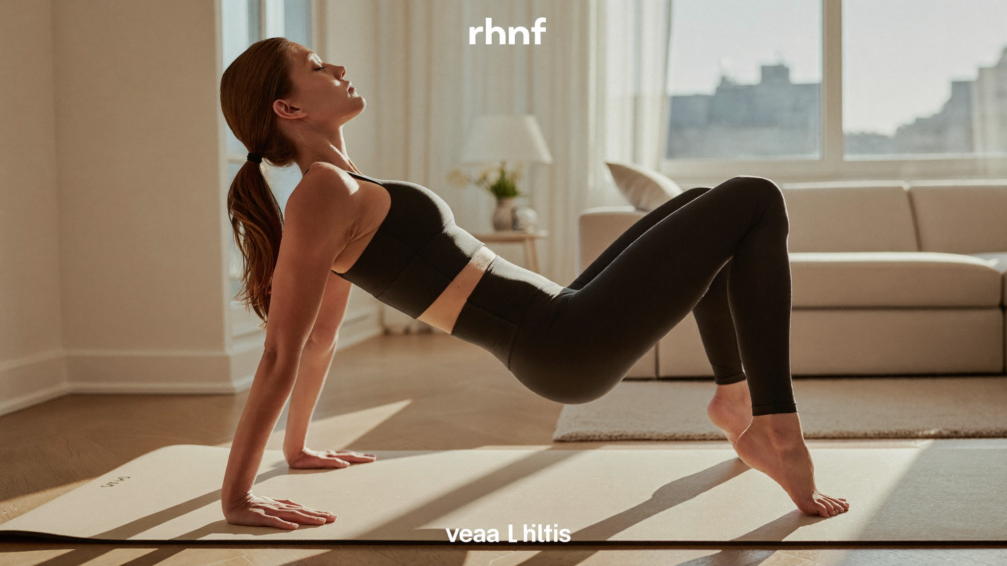 Žena radi glute bridge vežbu za zadnjicu kod kuće u crnim seamless helankama Raven Sport